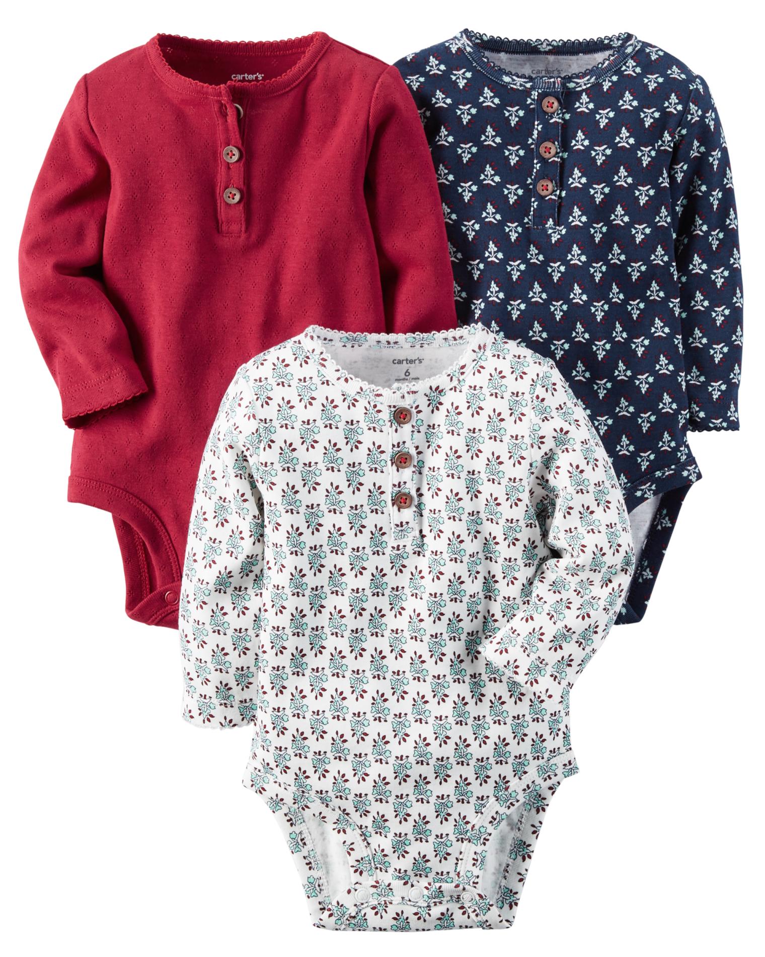 Carter's Newborn & Infant Girls' 3-Pack Long-Sleeve Bodysuits - Floral & Solid