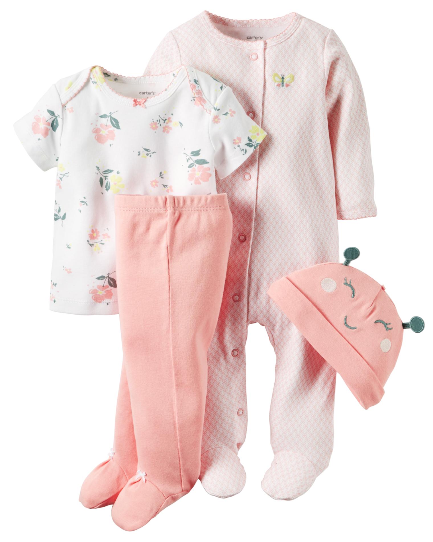 Carter's Newborn Girls' Bodysuit, Top, Pants & Hat - Floral & Butterfly