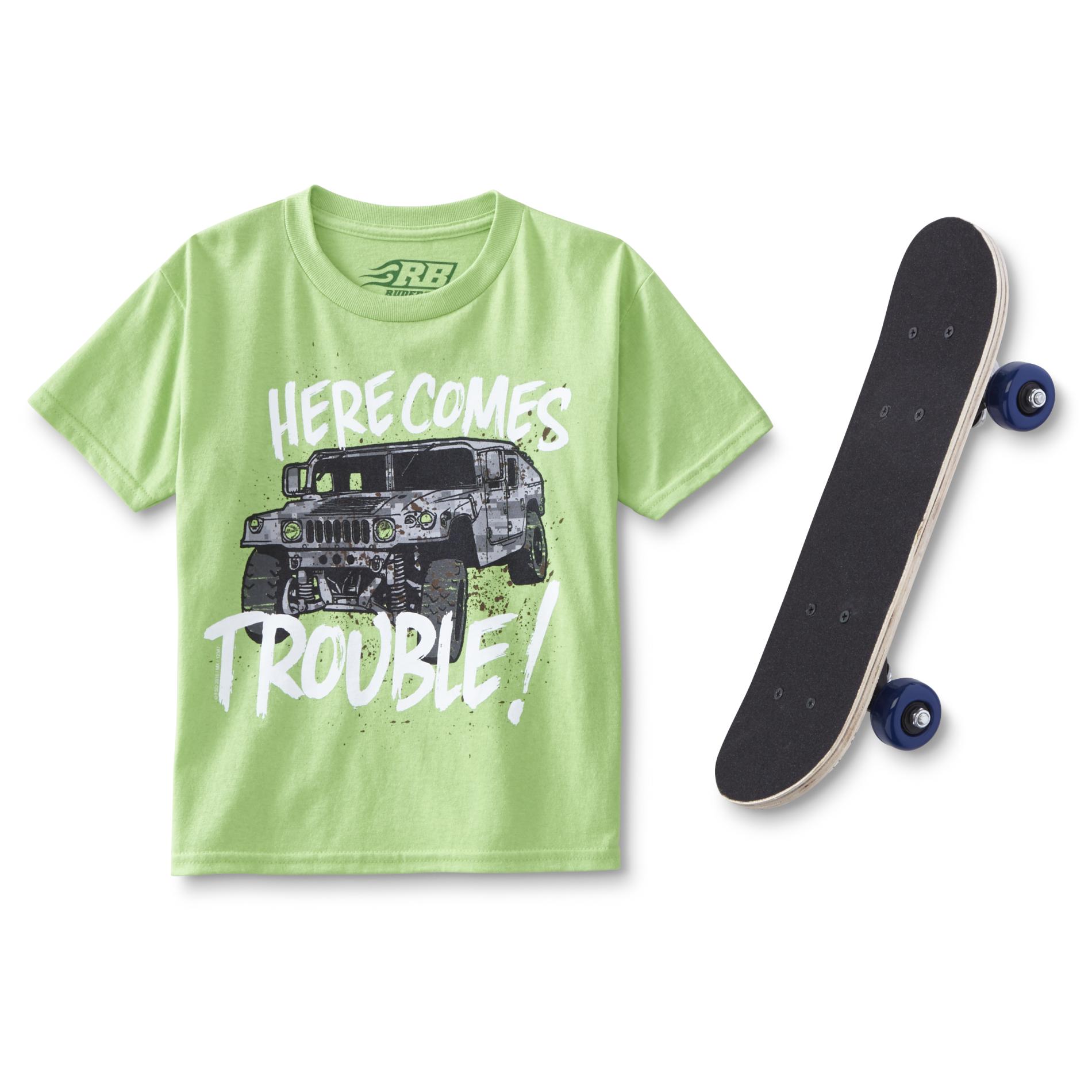 Rudeboyz Boys' Graphic T-Shirt & Skateboard Toy - Here Comes Trouble