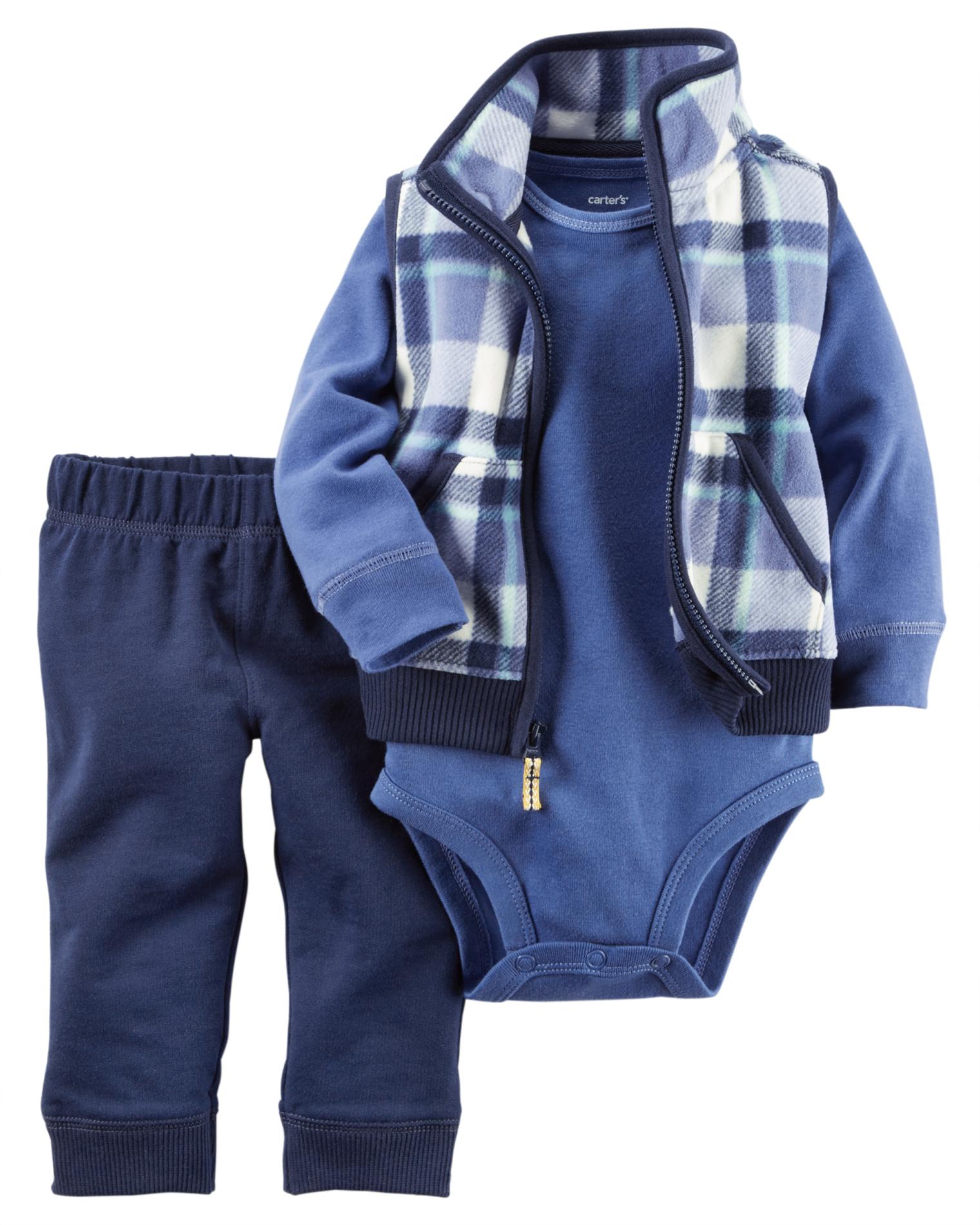 Carter's Newborn & Infant Boys' Fleece Vest, Bodysuit & Pants - Plaid