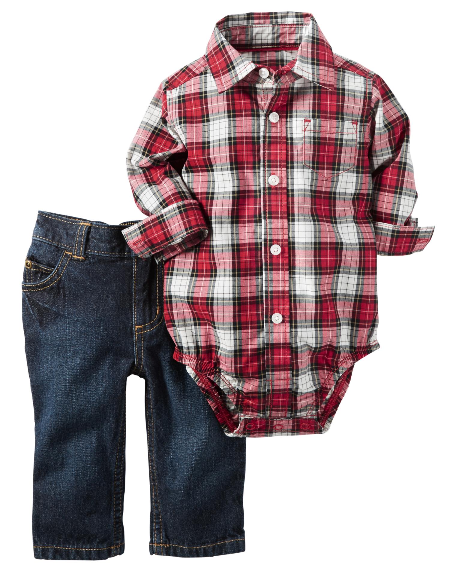 Carter's Newborn & Infant Boys' Button-Front Bodysuit & Jeans - Plaid