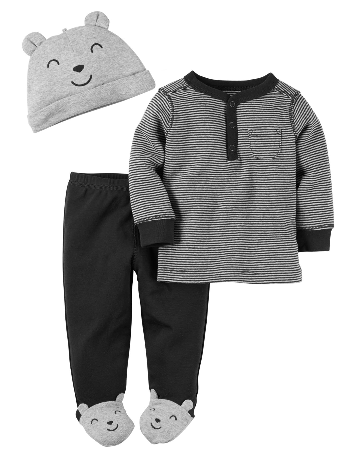 Carter's Newborn Boys' Henley Shirt, Footed Pants & Cap - Striped & Bear