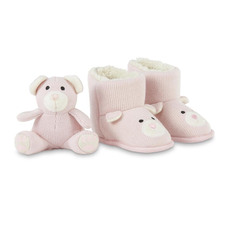 WonderKids Toddler Girls' Bear Pink Bootie Slipper & Plush Toy