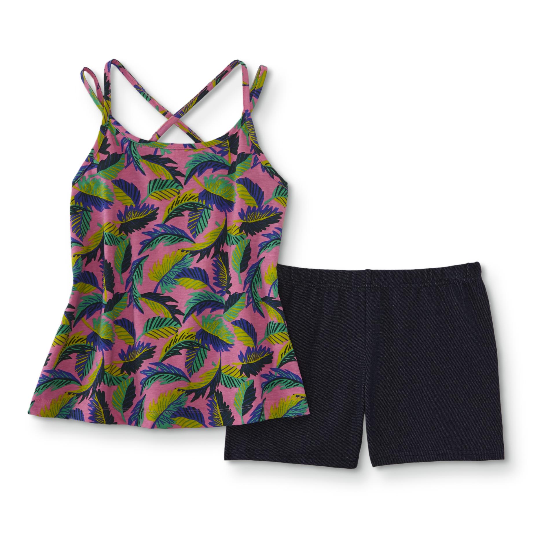 Simply Styled Girls' Plus Tank Top & Knit Shorts - Palm Leaves