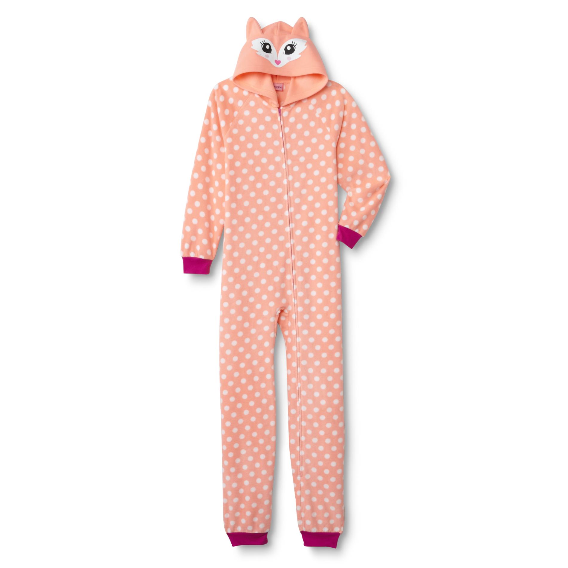 Joe Boxer Girls' Hooded Fleece Sleeper Pajamas - Polka Dots & Fox