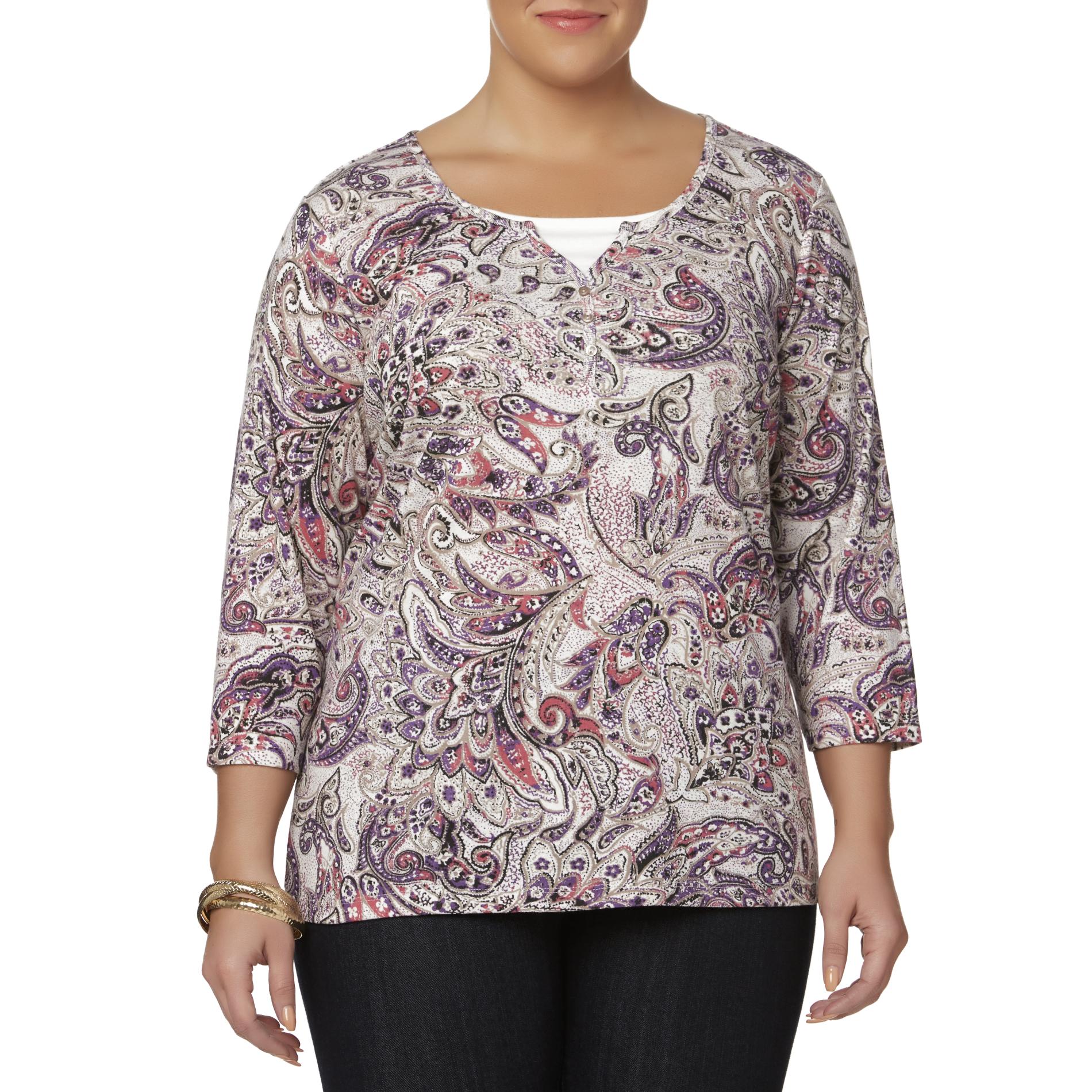 Basic Editions Women's Plus Layered-Look Top - Paisley