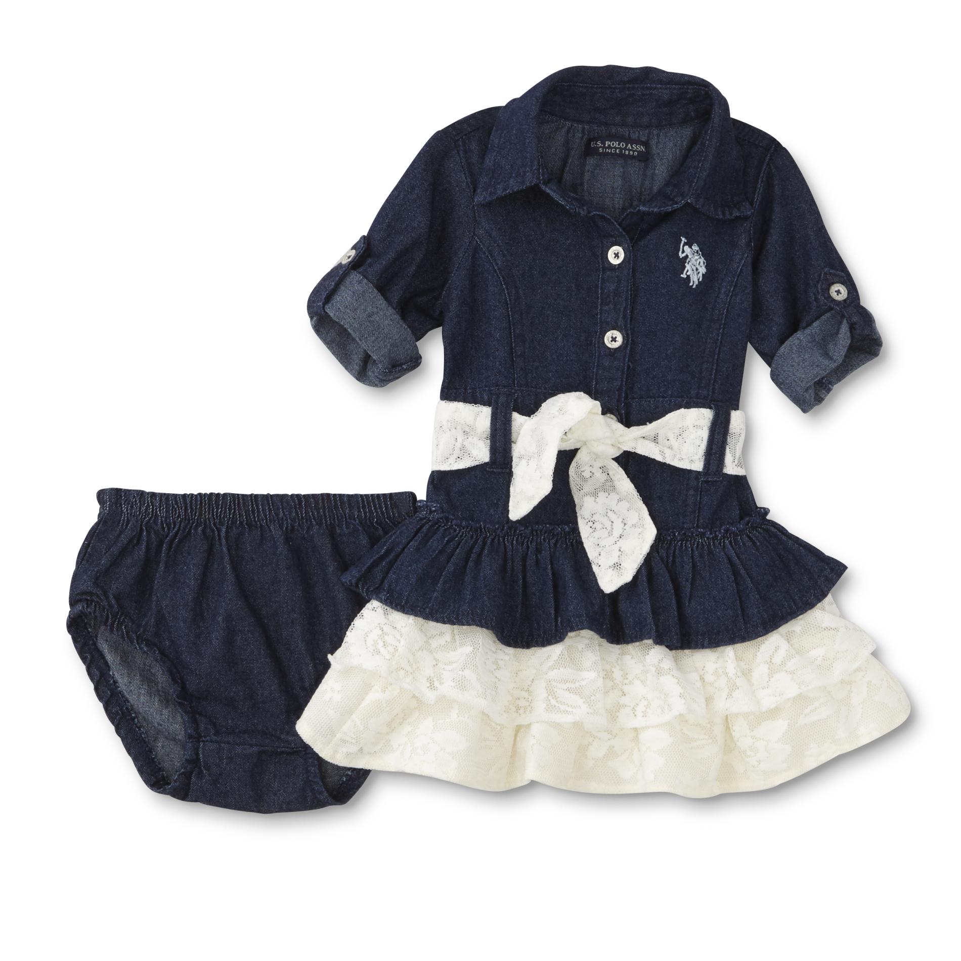 U.S. Polo Assn. Infant & Toddler Girls' Denim Ruffle Dress & Diaper Cover
