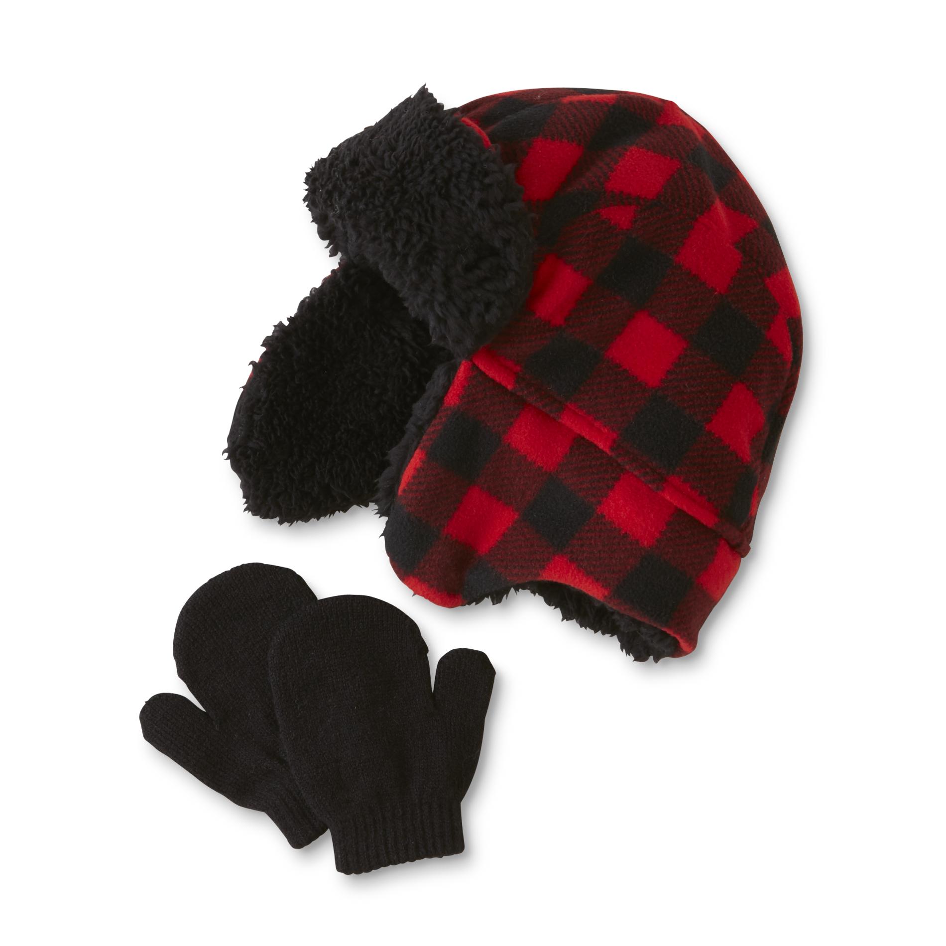 Aquarius Infant & Toddler Boys' Earflap Hat & Mittens - Checkered