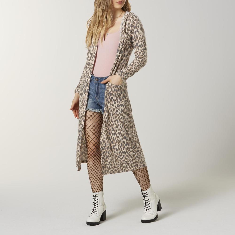 Juniors' Hooded Duster Sweater - Leopard Print