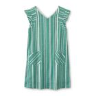 Girls Shift Cap Sleeves Cotton Pocketed Striped Print Dress With Ruffles