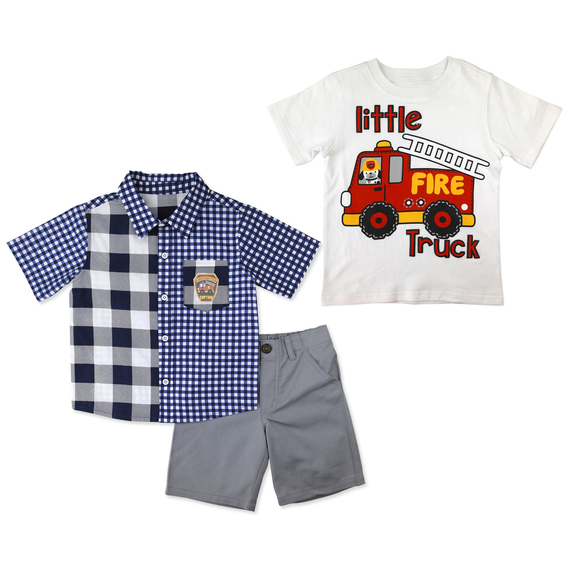 Little Rebels Infant & Toddler Boys' Button-Front Shirt, T-Shirt & Shorts - Firetruck