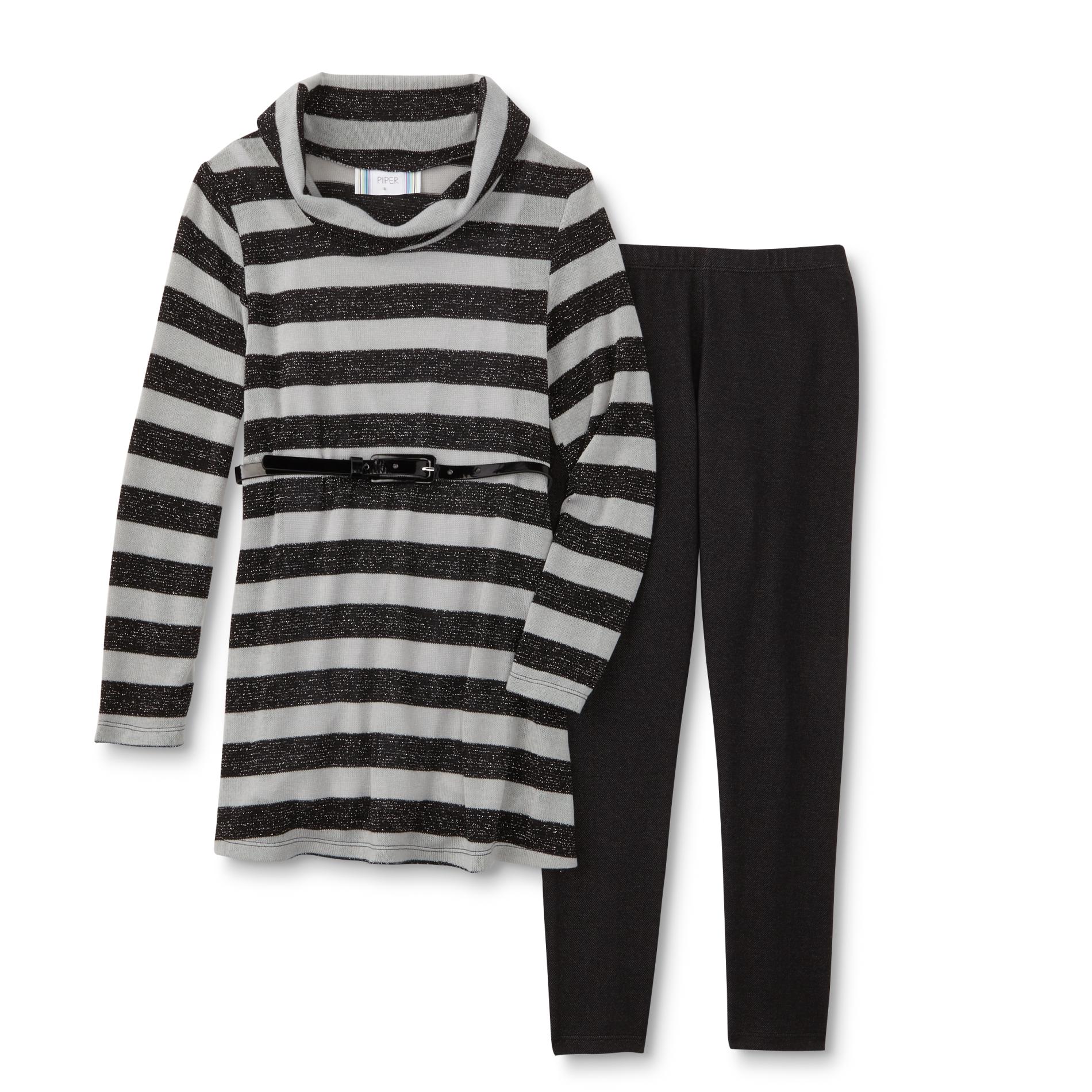 Piper Girls' Belted Sweater, Cami & Leggings - Striped
