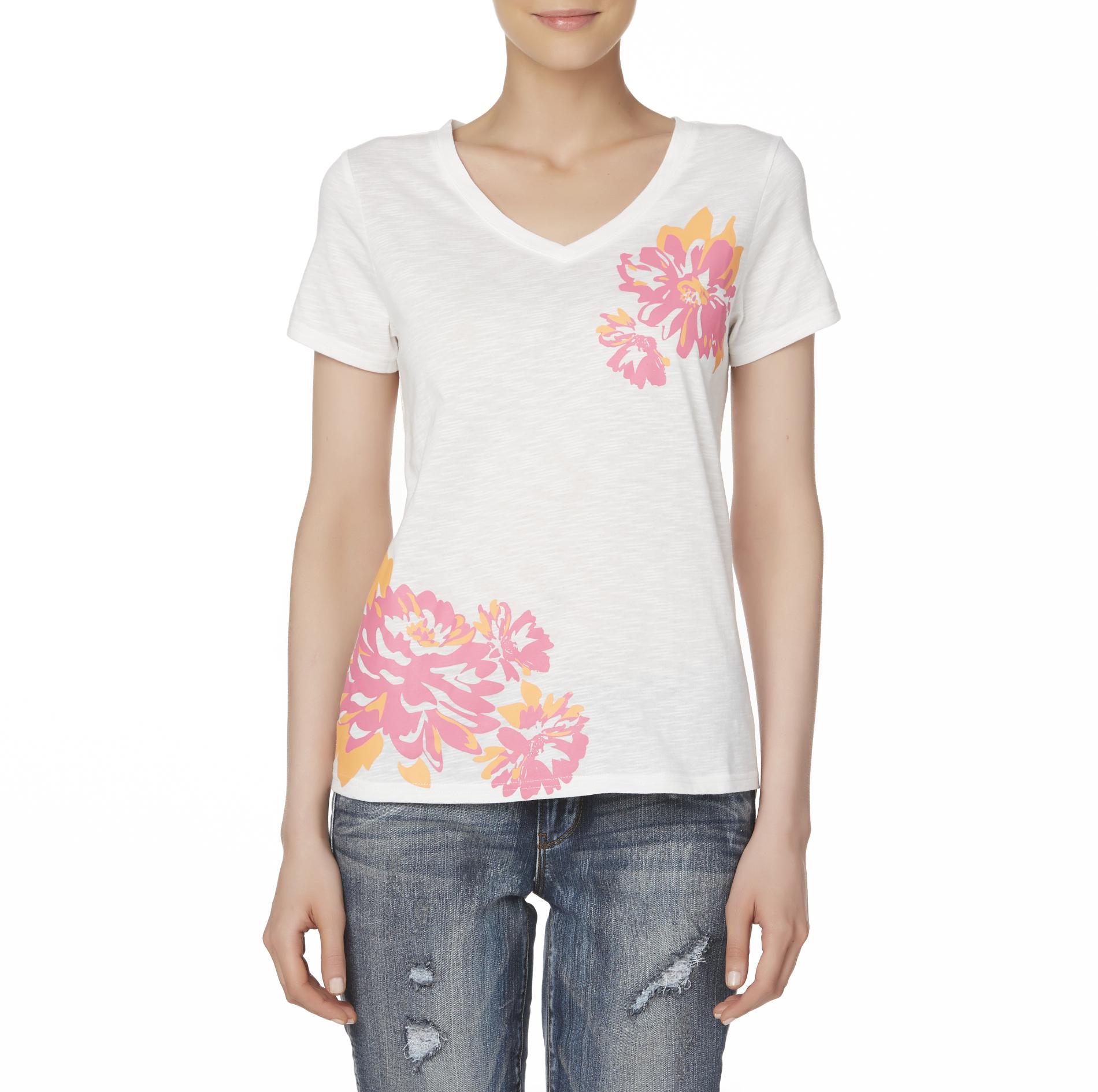Basic Editions Women's Graphic V-Neck T-Shirt - Floral