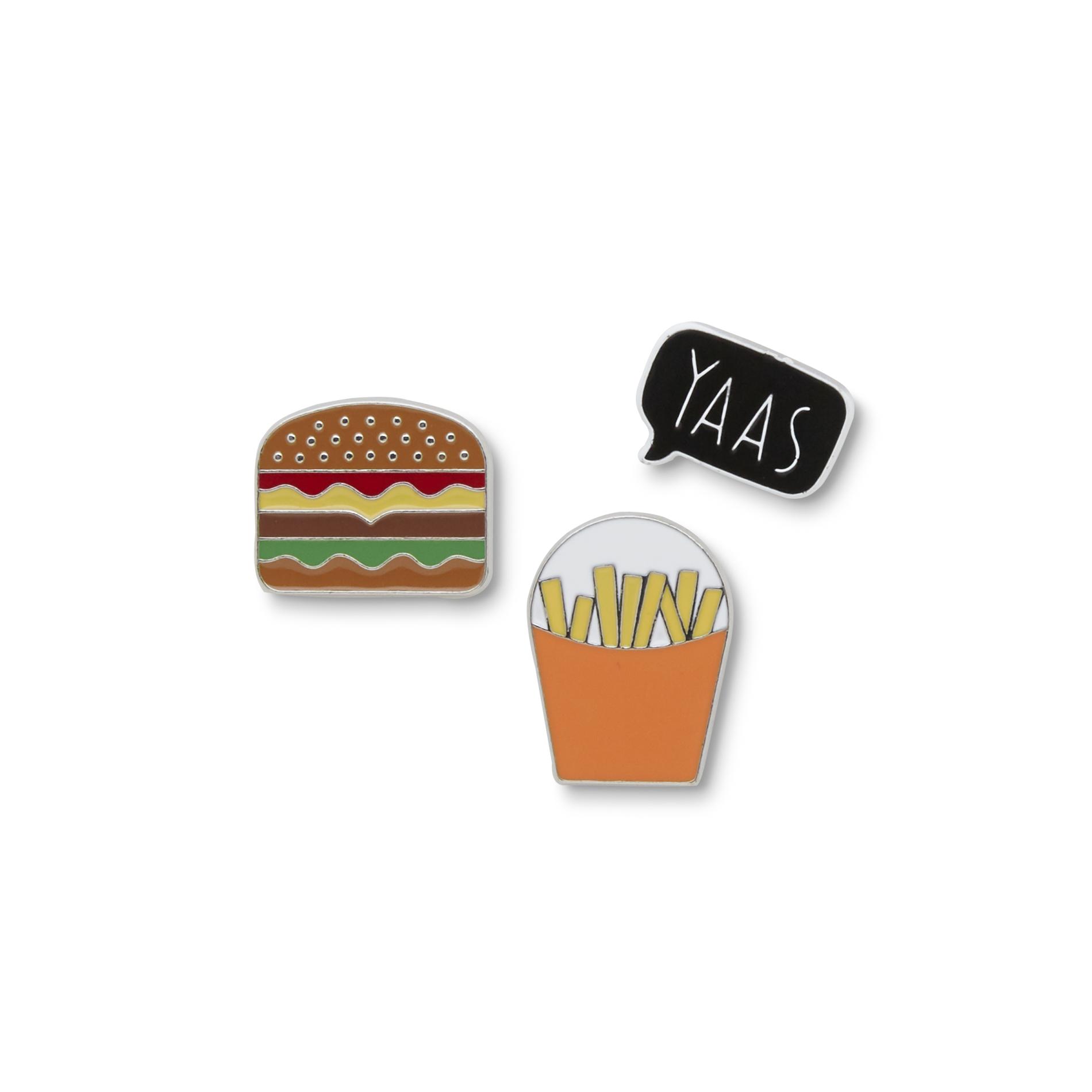 Joe Boxer Women's 3-Pack Fashion Pins - Burger, French Fries & Yaas