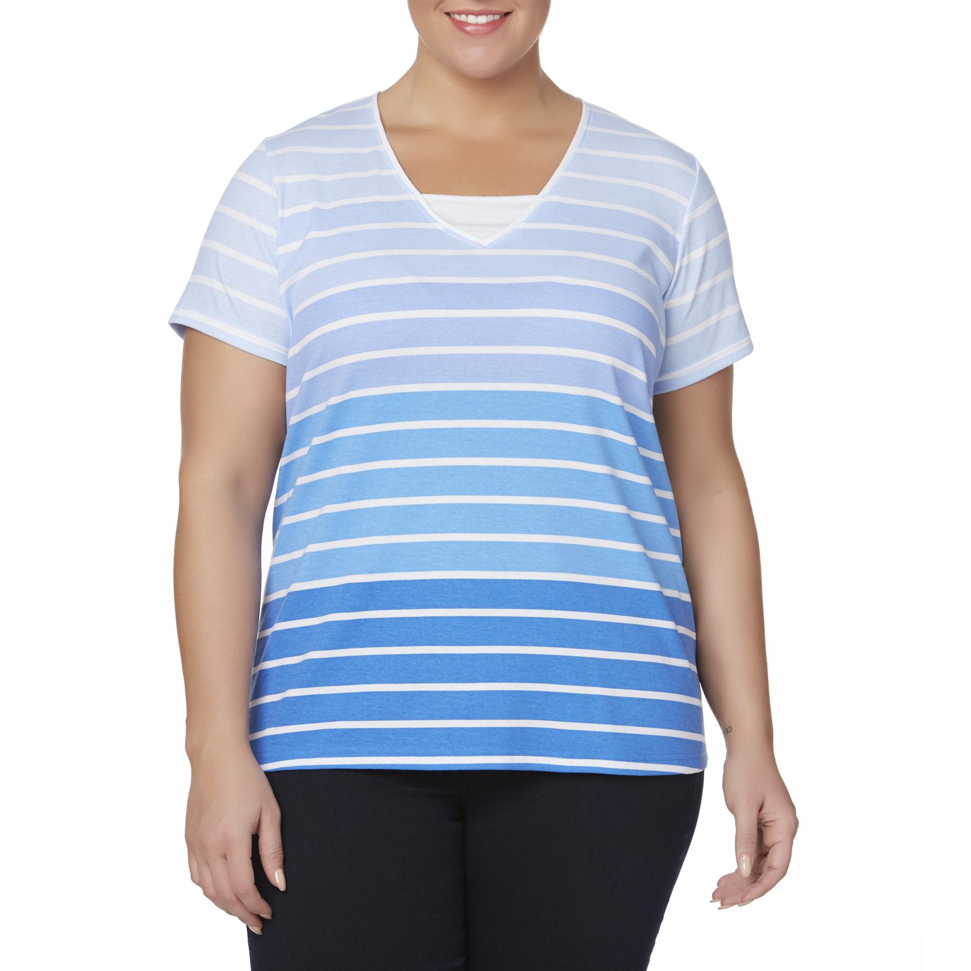 Basic Editions Women's Plus Layered-Look T-Shirt - Striped