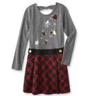 Tall Plus Size Girls Long Sleeves Dropped Waistline Fitted Sequined Pleated Belted Plaid Print Dress With a Bow(s)