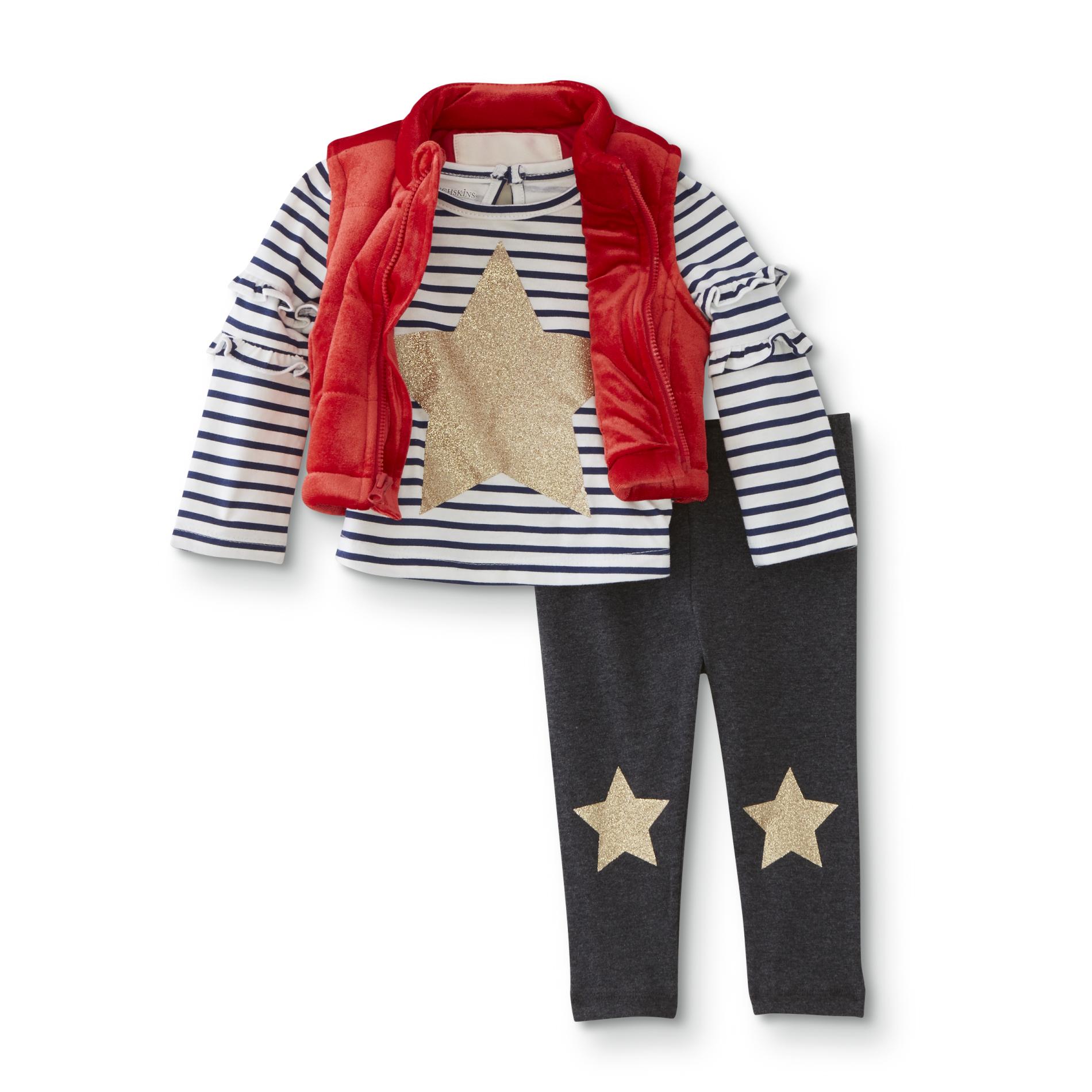 Toughskins Infant & Toddler Girls' Top, Puffer Vest & Leggings - Star/Striped