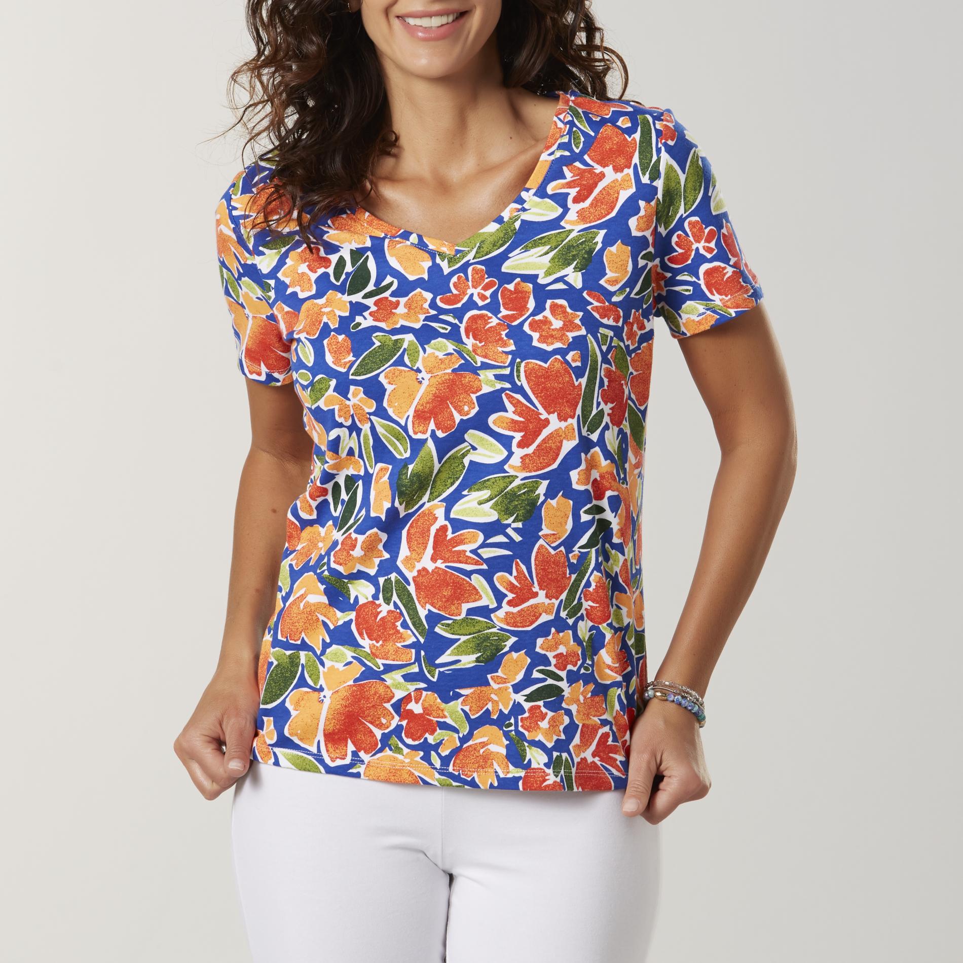 Basic Editions Women's Relaxed Fit V-Neck Top - Floral