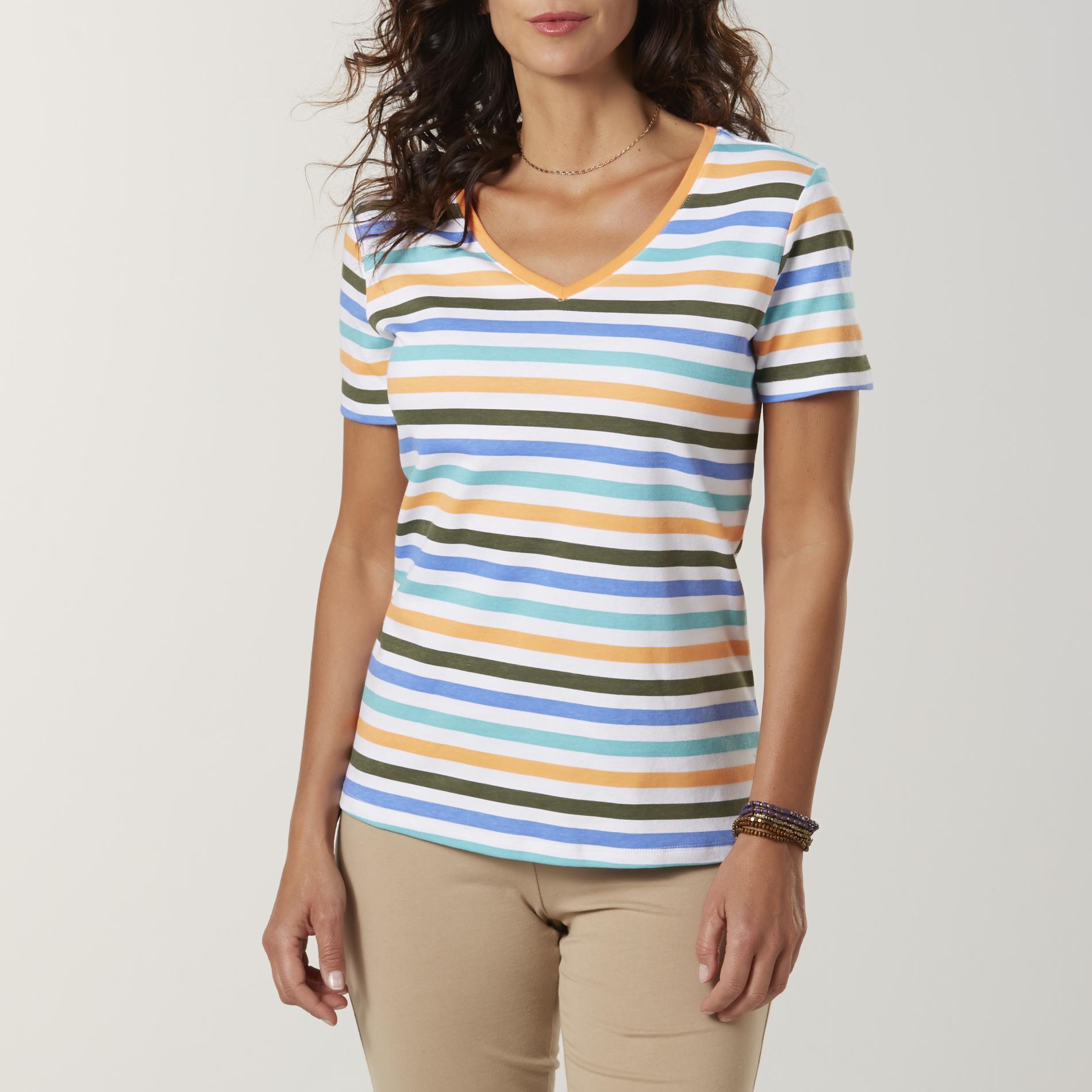 Basic Editions Women's Relaxed Fit V-Neck Top - Striped