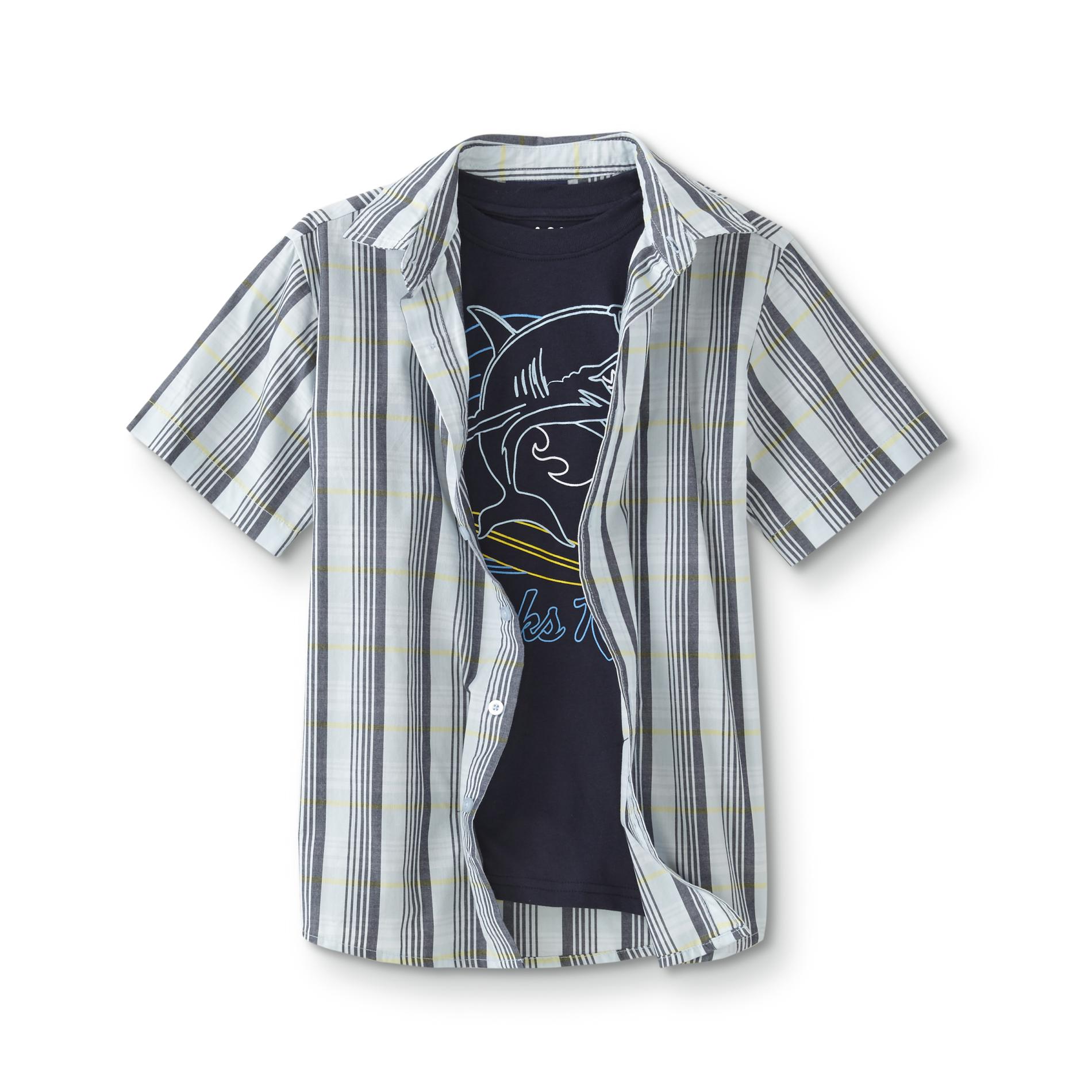 Simply Styled Boys' T-Shirt & Poplin Shirt - Striped/Sharks