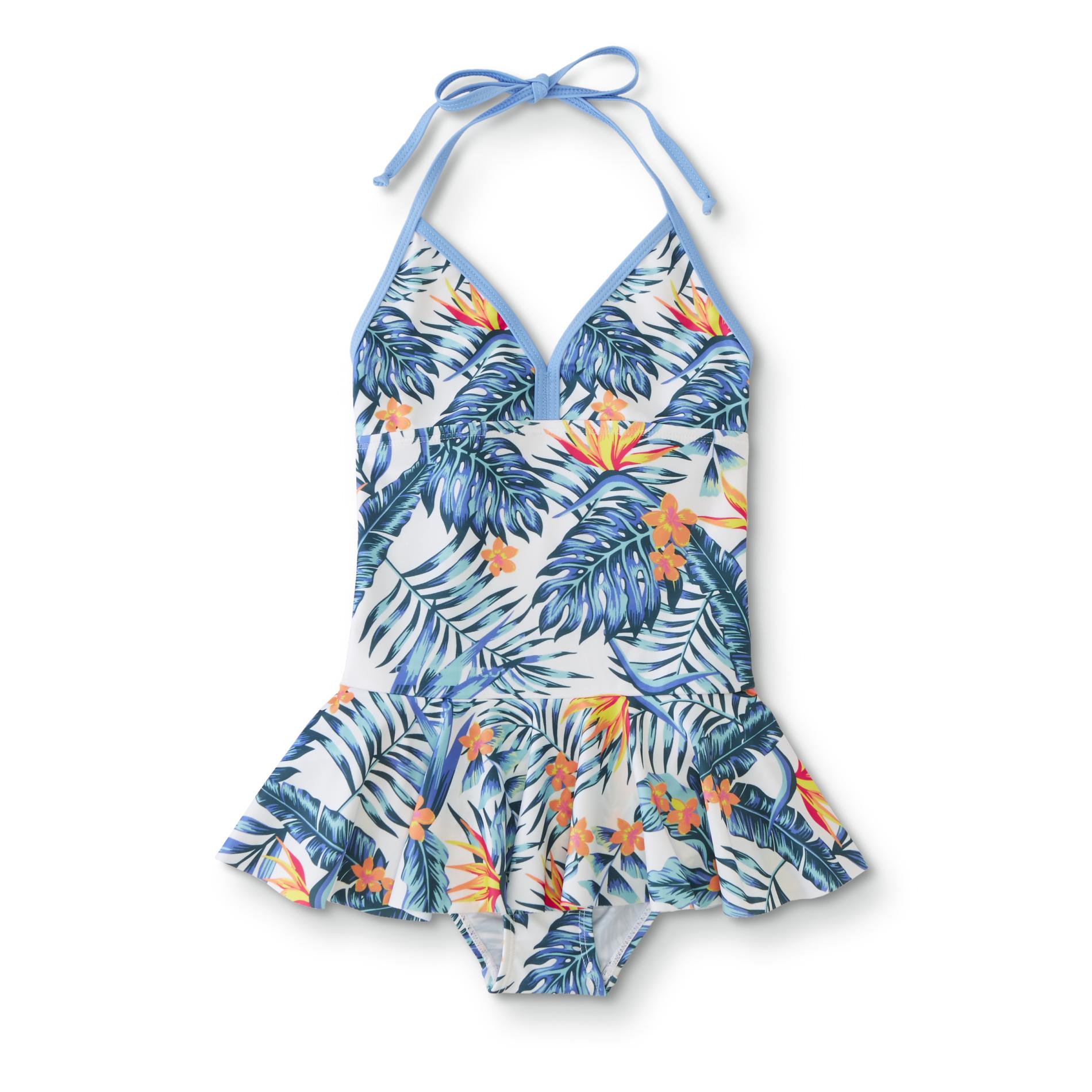 Basic Editions Girls' Skirted Swimsuit - Tropical Floral