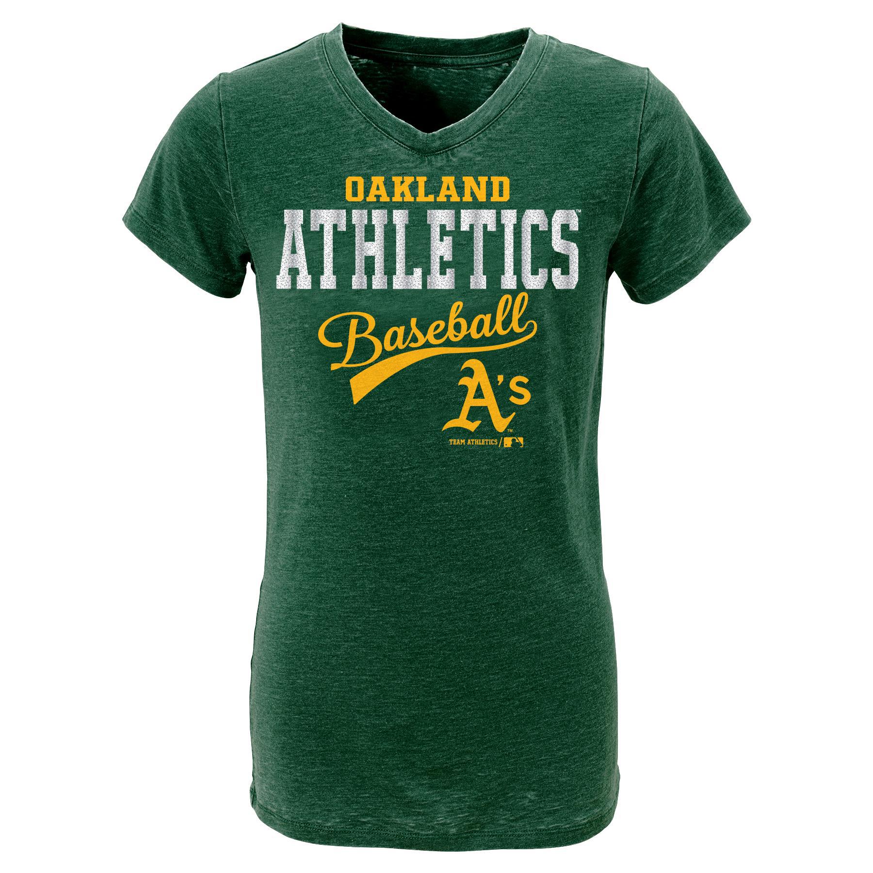 MLB Girls' V-Neck Graphic T-Shirt - Oakland Athletics