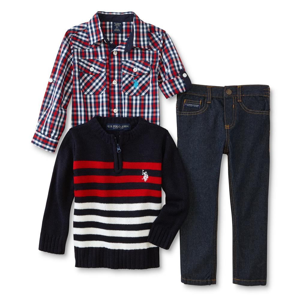 U.S. Polo Assn. Infant & Toddler Boys' Button-Front Shirt, Sweater & Jeans - Plaid