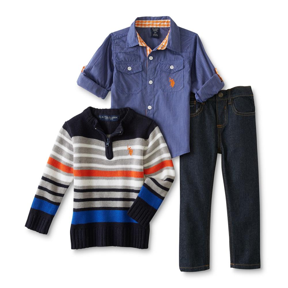 U.S. Polo Assn. Infant & Toddler Boys' Button-Front Shirt, Sweater & Jeans - Striped