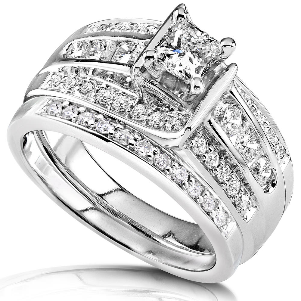 Kobelli 1 Carat (ct.tw) Princess Diamond Wedding Rings Set in 14K White Gold