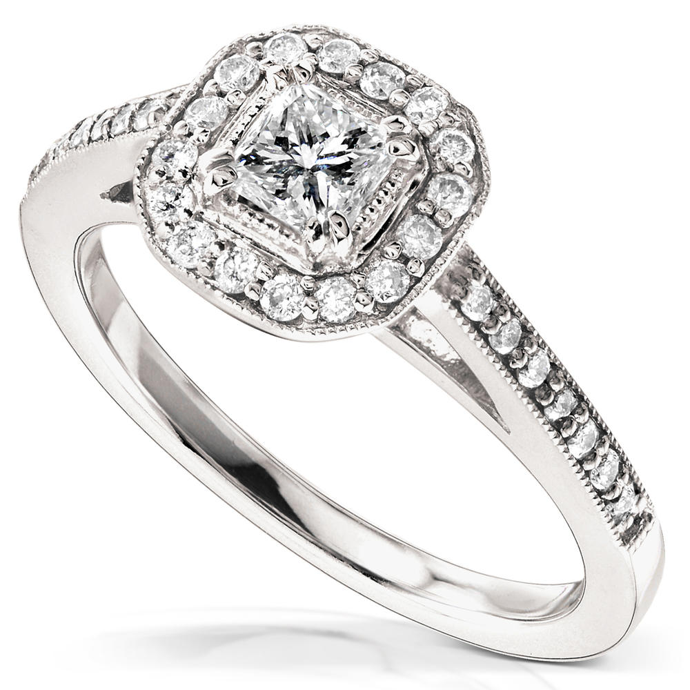 Kobelli 1/2 Carat (ct.tw) Princess Cut Halo Diamond Engagement Ring in 14K White Gold