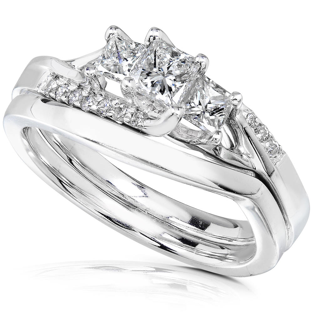 Kobelli 1/2 Carat (ct.tw) Diamond Wedding Set Curved 3-Stone Princess in 14K White Gold