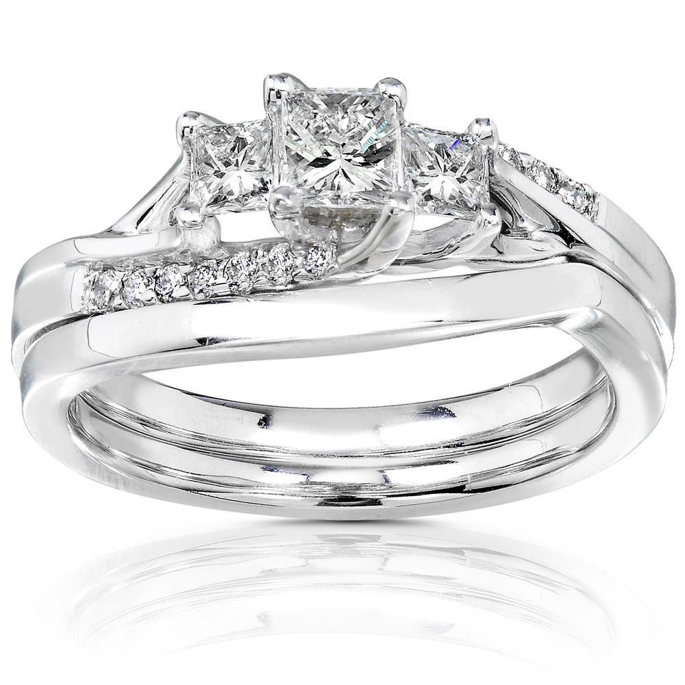 Kobelli 1/2 Carat (ct.tw) Diamond Wedding Set Curved 3-Stone Princess in 14K White Gold