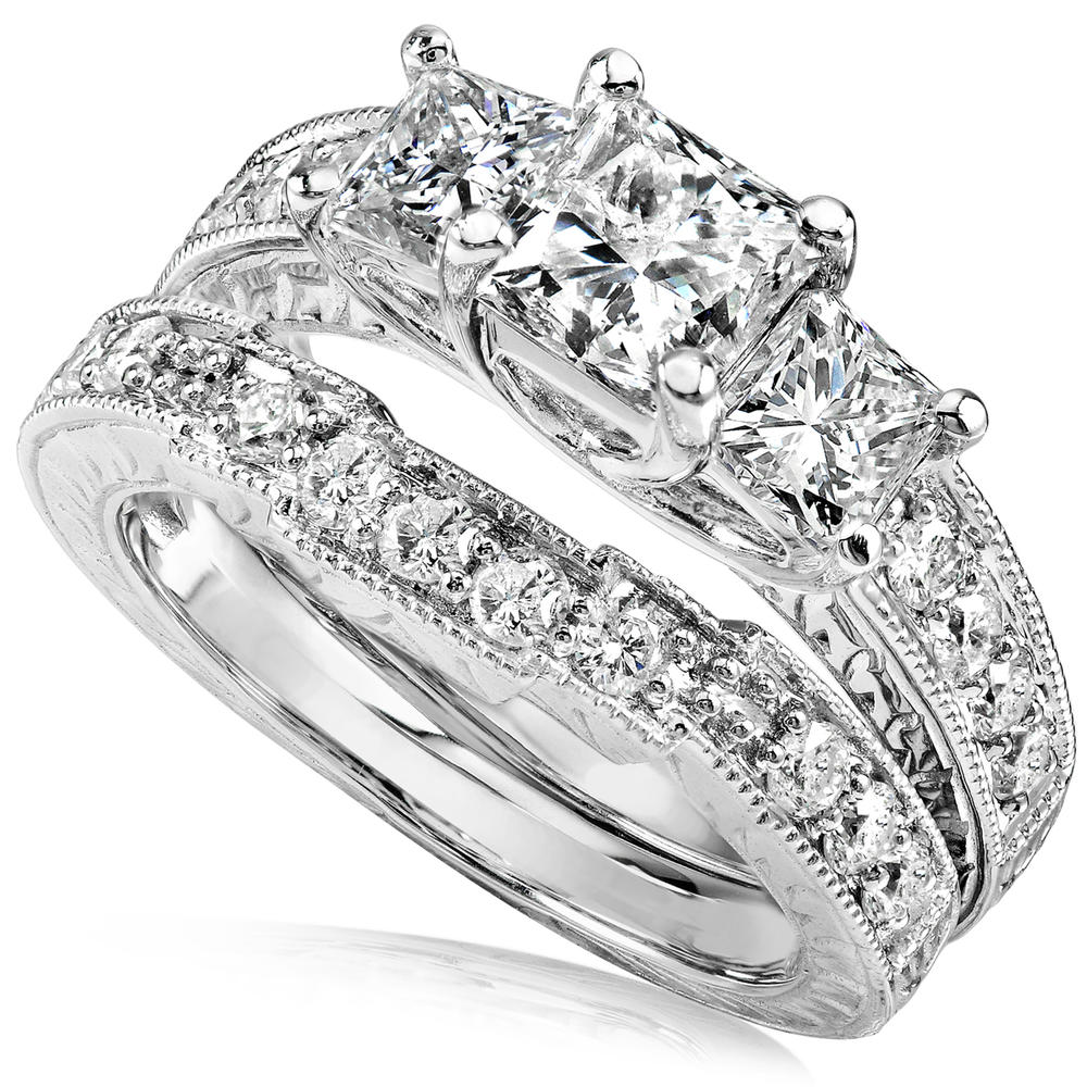 Kobelli 1 3/5 Carats (ct.tw) Antique Princess Diamond Wedding Rings Set in 14K White Gold