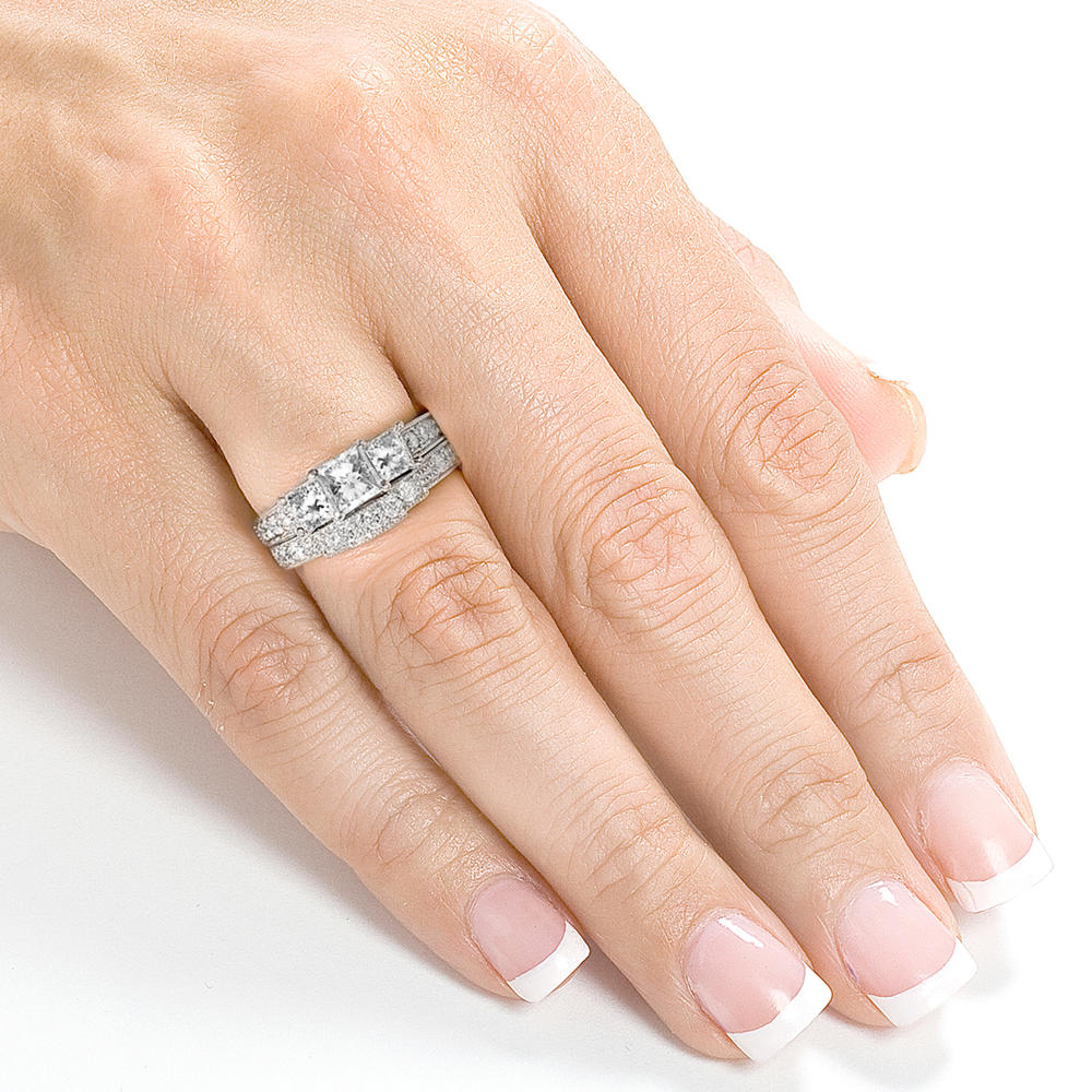 Kobelli 1 3/5 Carats (ct.tw) Antique Princess Diamond Wedding Rings Set in 14K White Gold