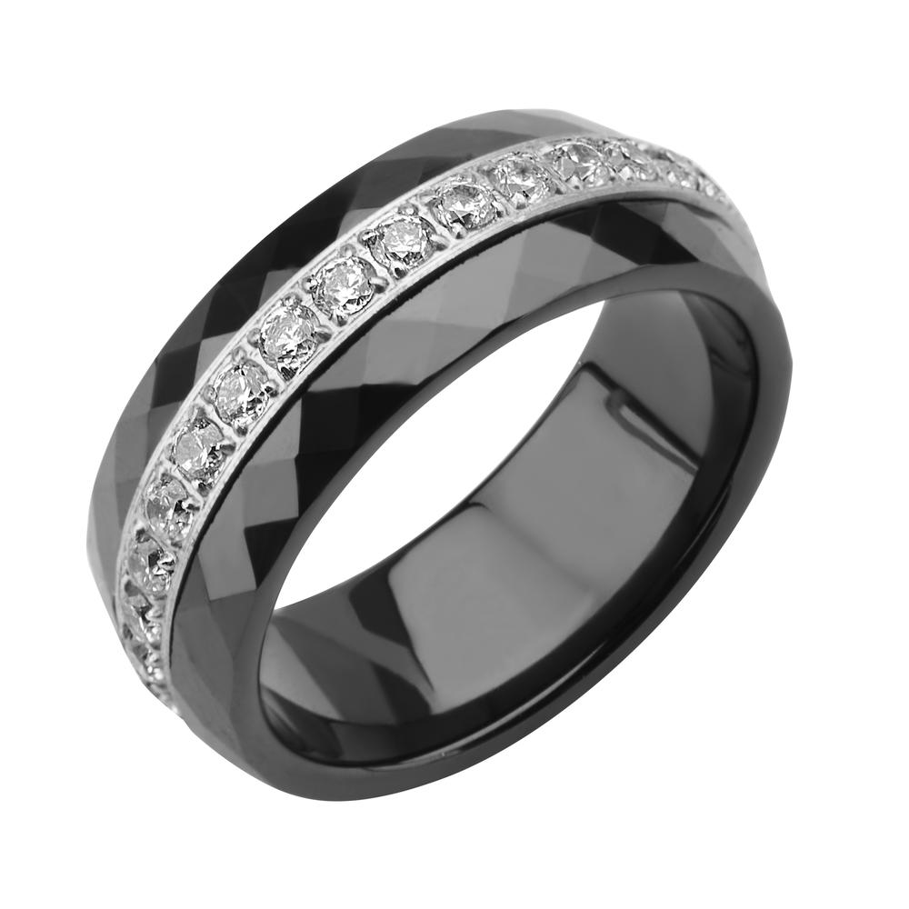 Inox Jewelry Women's Stainless Steel Diamond Cut Black Ceramic with Cubic Zirconia Ring