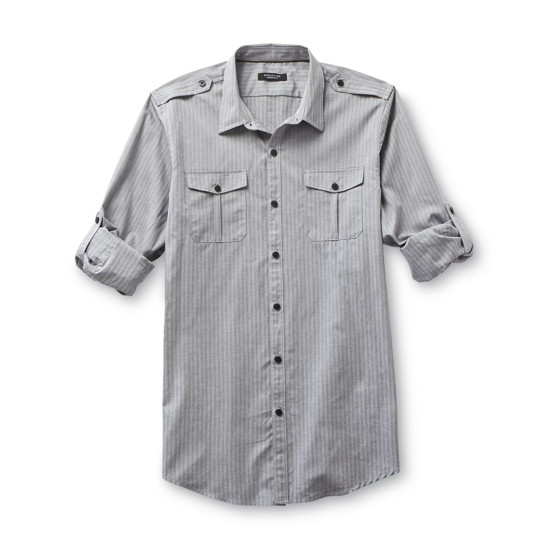 Structure Men's Roll-Tab Button-Front Shirt - Herringbone