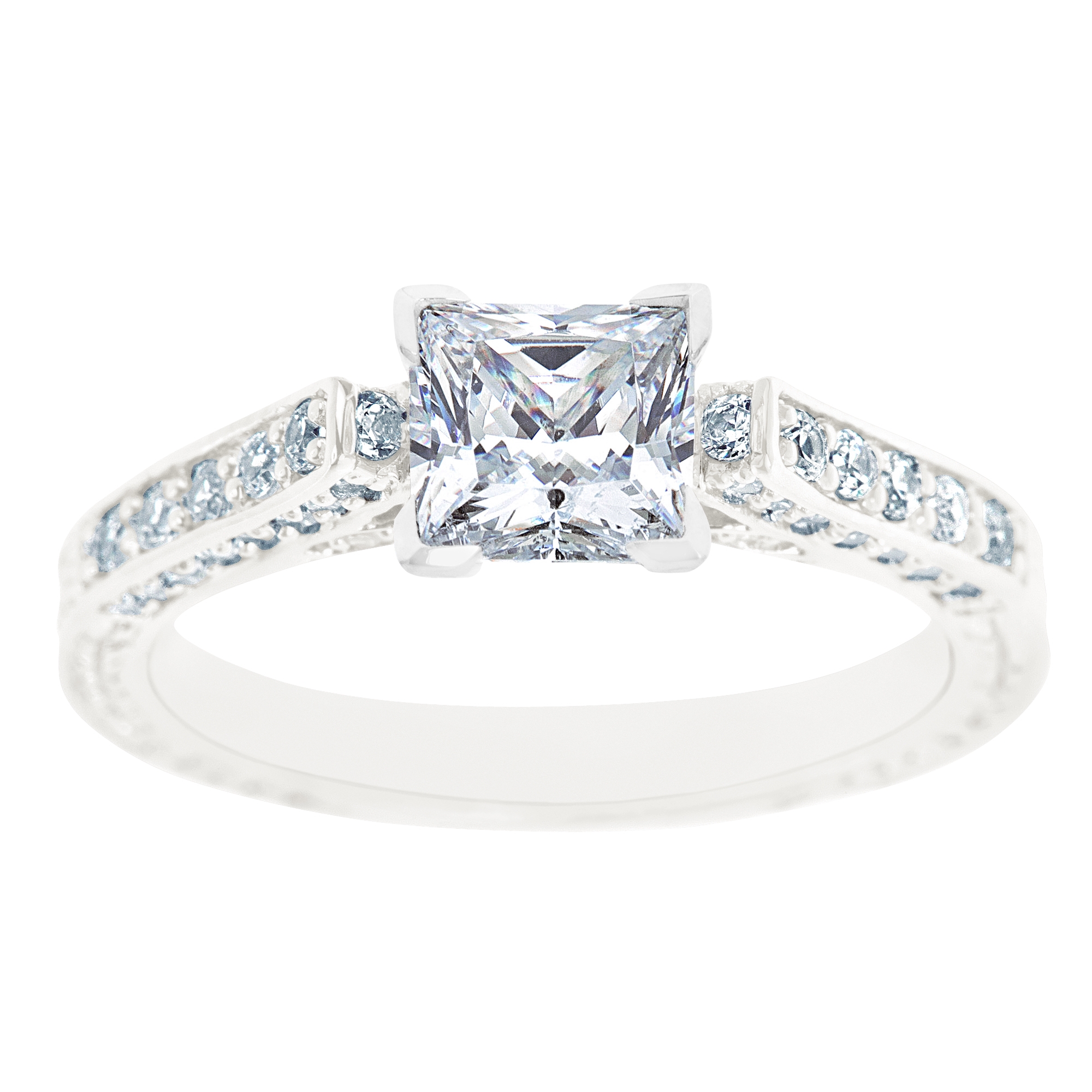 New York City Diamond District 14K White Gold Antique Triple Row Princess Cut Certified Diamond Engagement Ring