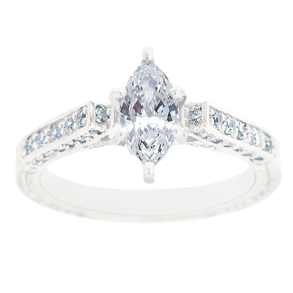 New York City Diamond District 14K White Gold Antique Triple Row Marquise Certified Diamond Engagement Ring