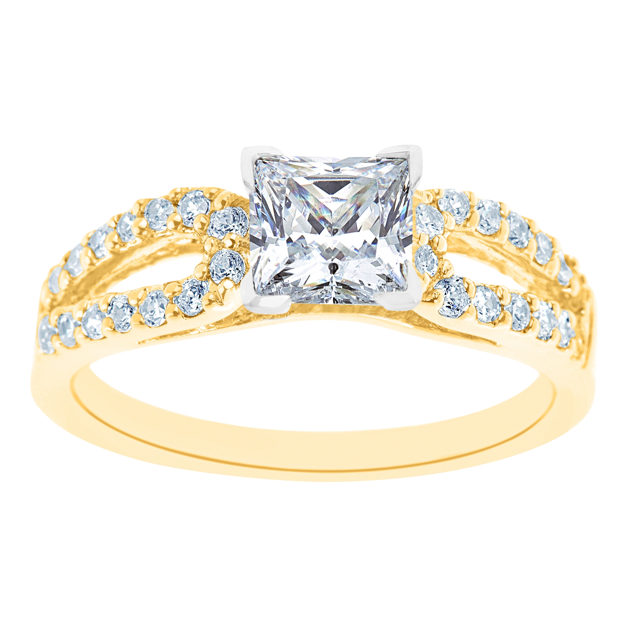 New York City Diamond District 14K Two Tone Curved Split Shank Princess Cut Certified Diamond Engagement Ring