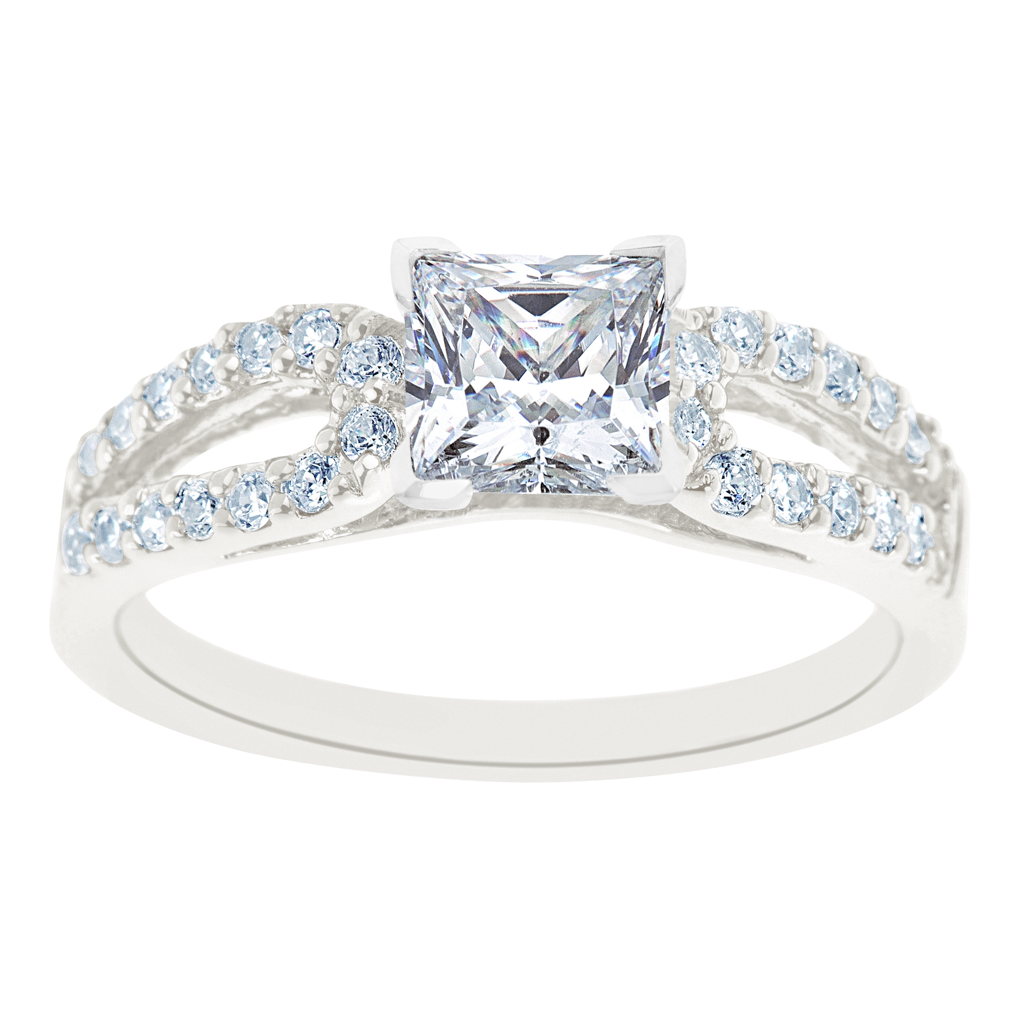 New York City Diamond District 14K White Gold Curved Split Shank Princess Cut Certified Diamond Engagement Ring