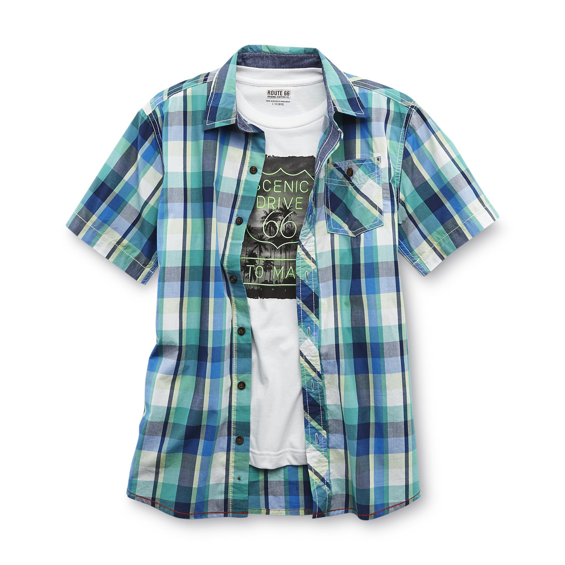 Route 66 Boy's Button-Front Shirt & T-Shirt - Plaid & Palms