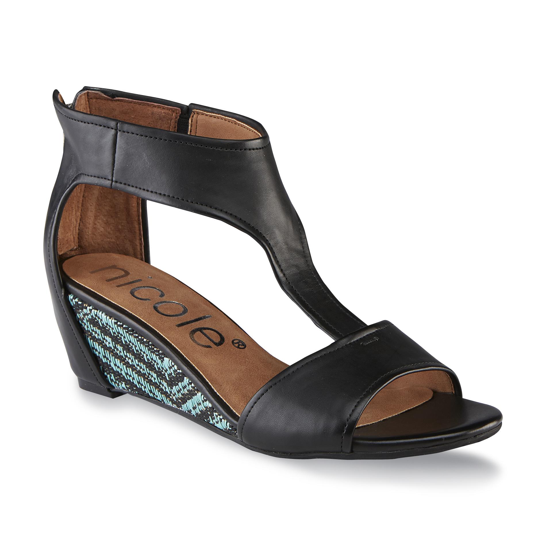 Nicole Women's tte Black/Tribal Print Wedge T-Strap Sandal