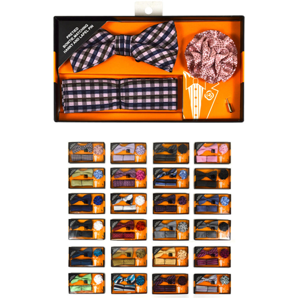 UMO LORENZO 24pc Assorted Pack Boxed Micro Bow Tie and Hanky with Lapel Pin Set