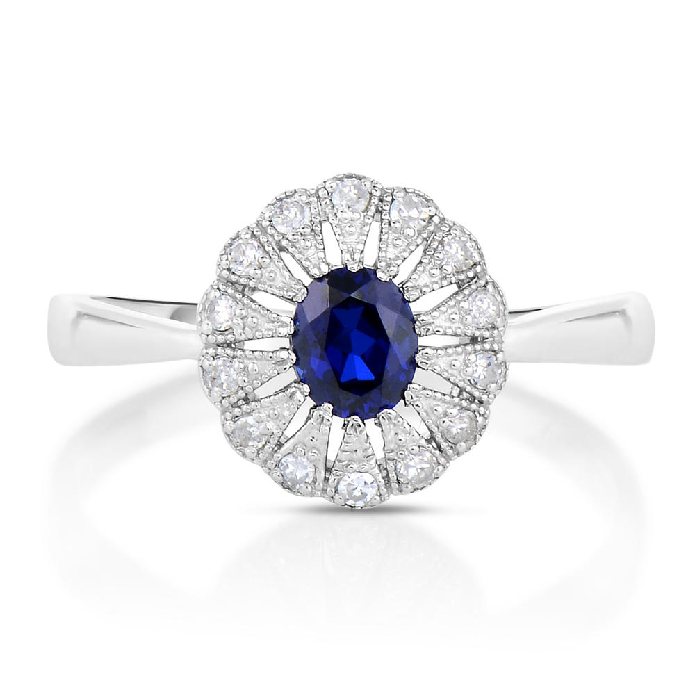 Sterling Silver Diamond & Blue Sapphire Ring - Size 7