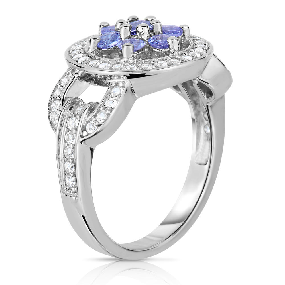 Sterling Silver Deco Tanzanite Flower Drop Ring with White Topaz Halo