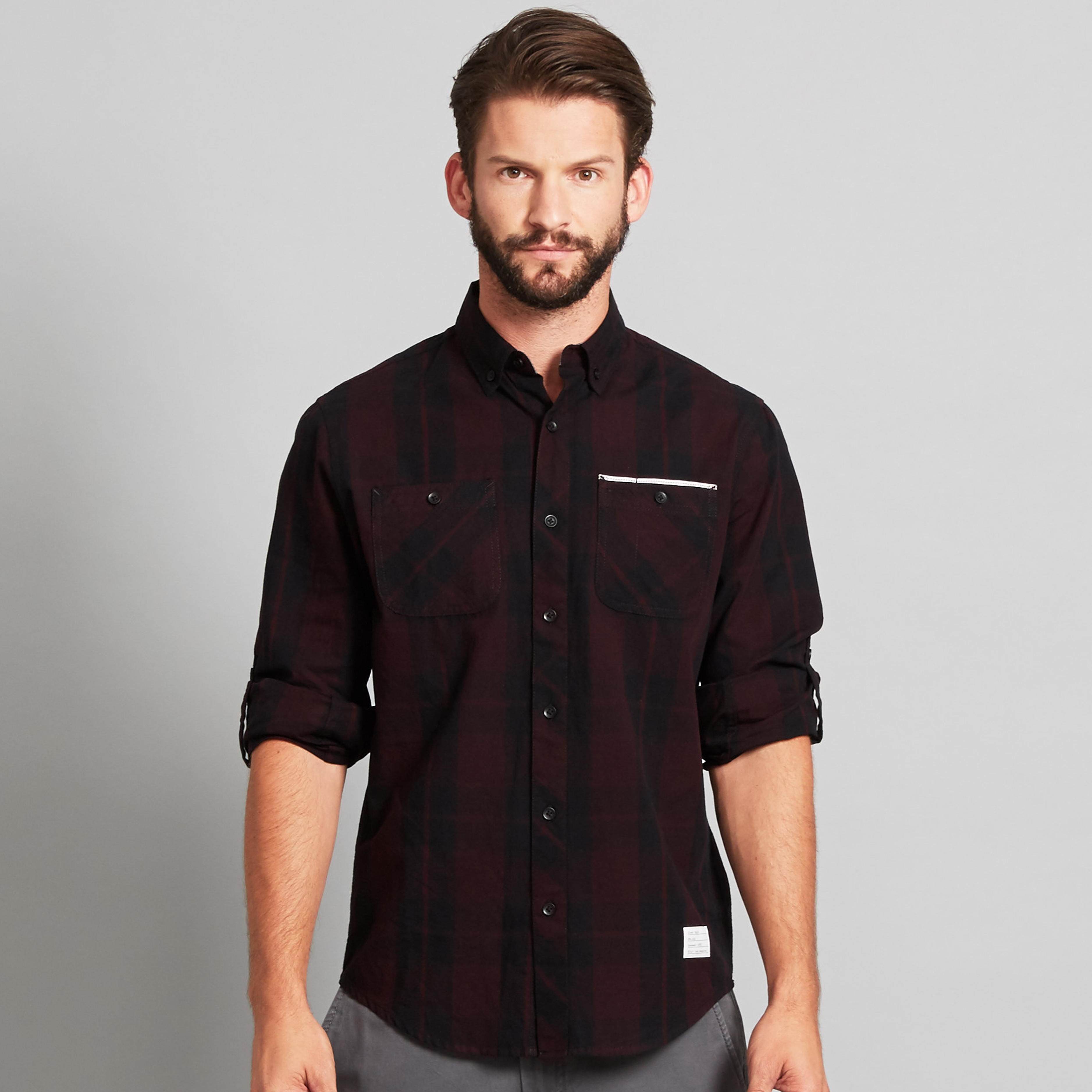 Adam Levine Men's Long Sleeve Plaid Shirt - Burgundy/Black - Clothing ...