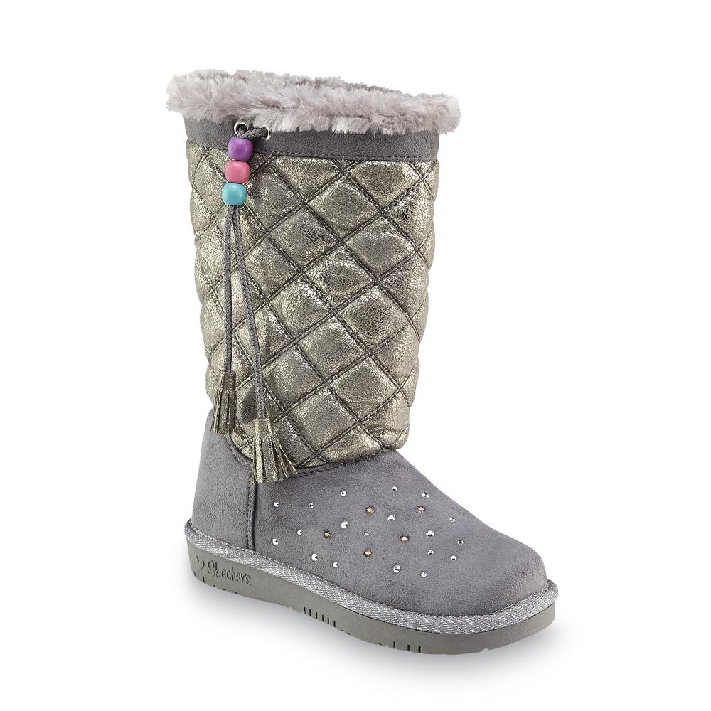 Skechers Girl's Twinkle Toes: Glamslam - Pretty Preppy Gray Light-Up Faux Fur Mid-Calf Winter Fashion Boot