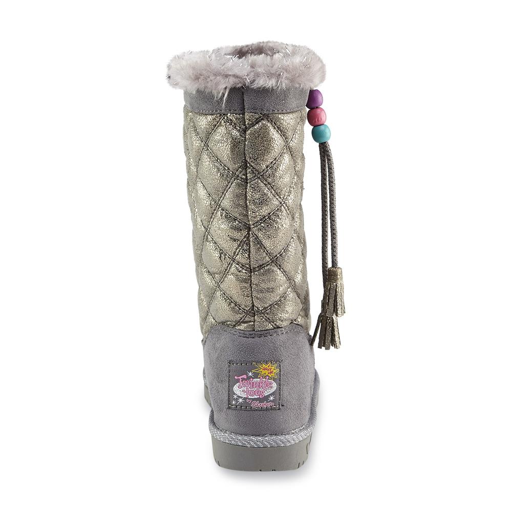 Skechers Girl's Twinkle Toes: Glamslam - Pretty Preppy Gray Light-Up Faux Fur Mid-Calf Winter Fashion Boot