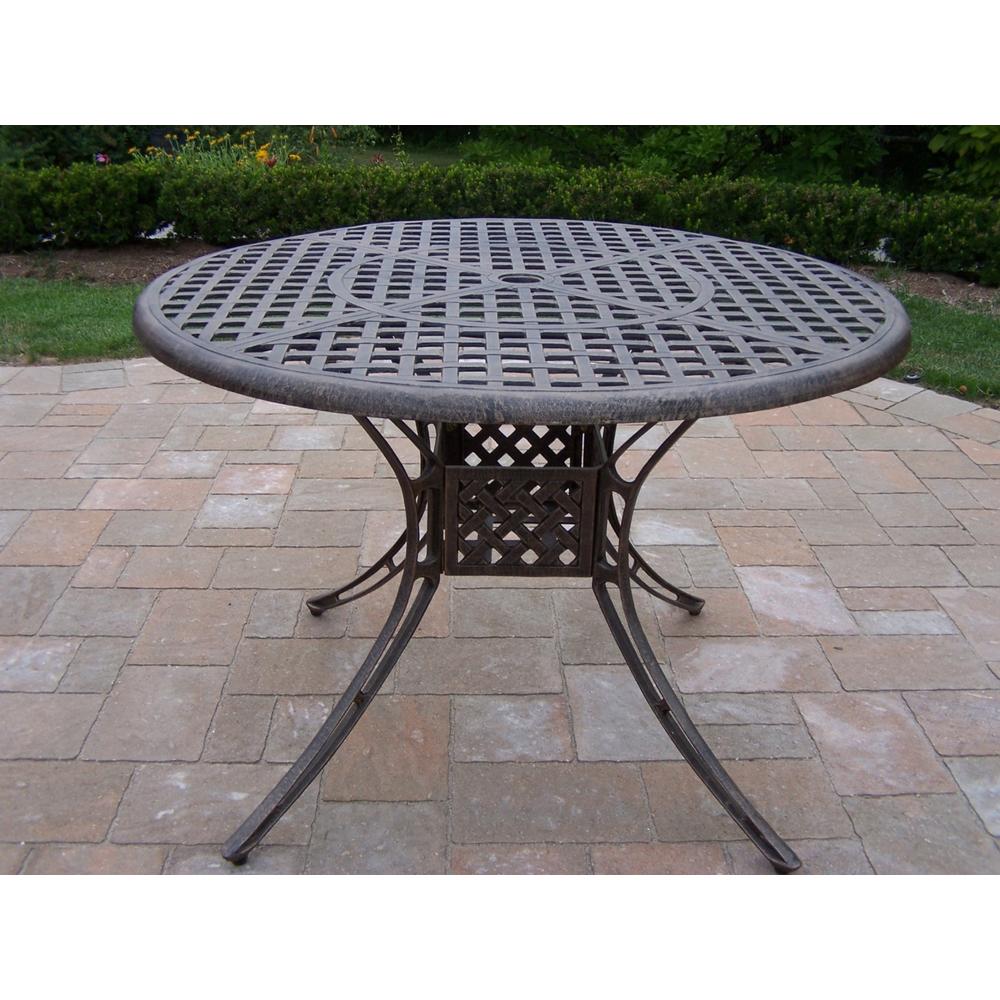 Oakland Living Patio Dining Set Cast Aluminum 7 Pc. w/ Table, Chairs, Cushions, Umbrella and Metal Stand