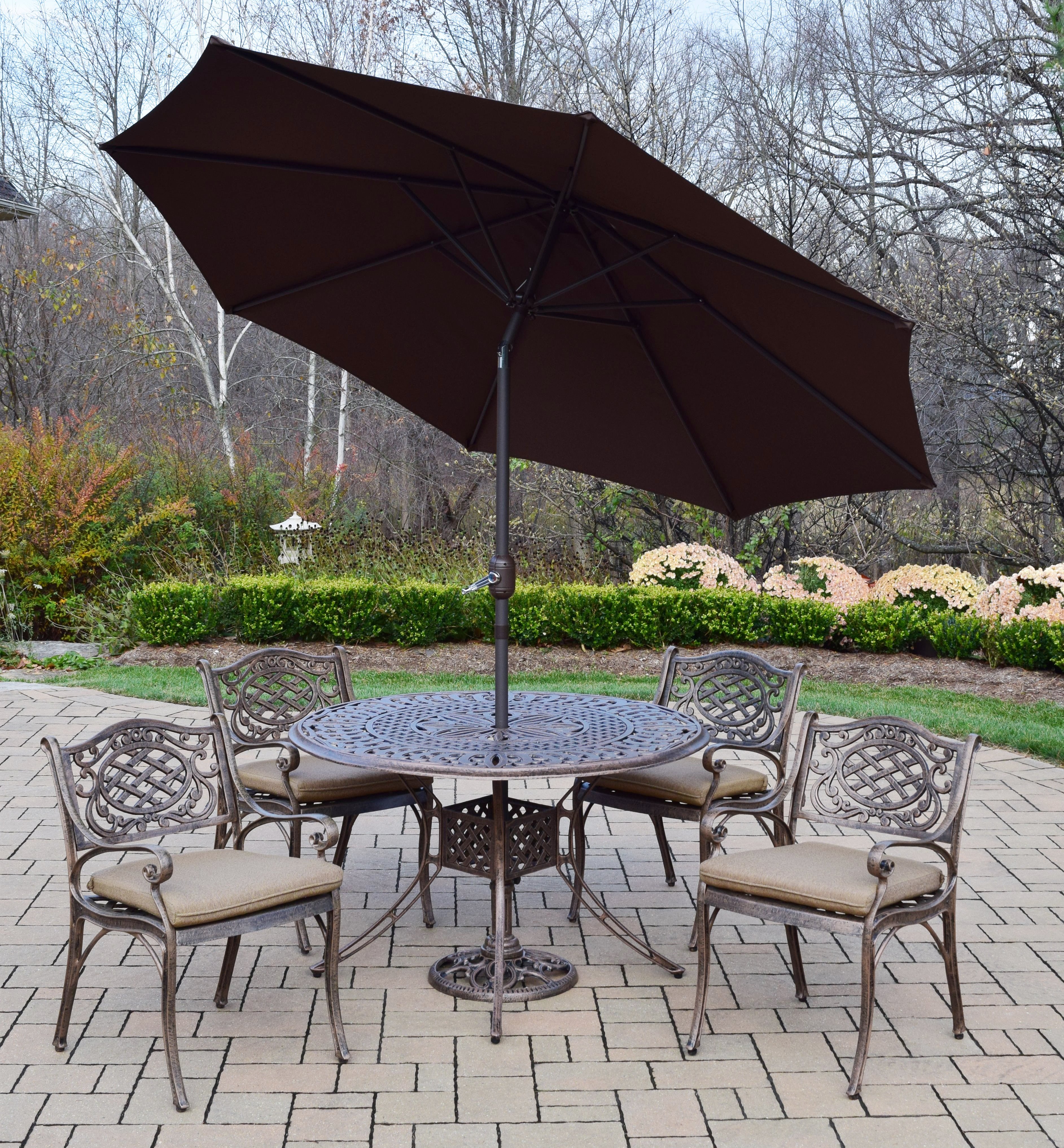 Oakland Living Patio Dining Set 7 Pc. Aluminum w/ 48-inch table, Cushions, Chairs, Umbrella and Metal Stand